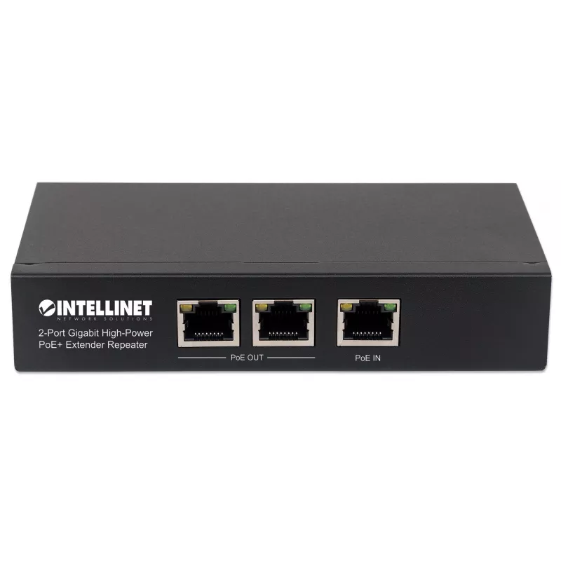Intellinet 2-Port Gigabit High-Power PoE+ Extender Repeater, IEEE 802.3at/af Power over Ethernet (PoE+/PoE), Metall