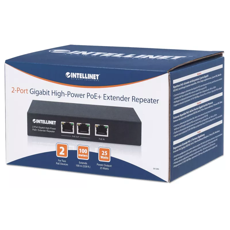 Intellinet 2-Port Gigabit High-Power PoE+ Extender Repeater, IEEE 802.3at/af Power over Ethernet (PoE+/PoE), Metall