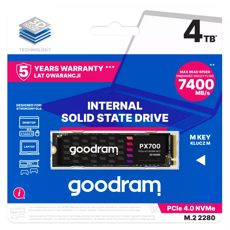 Goodram PX700 SSD SSDPR-PX700-04T-80 interne Solid-State-Drive 4 TB M.2 PCI Express 4.0 NVMe 3D NAND