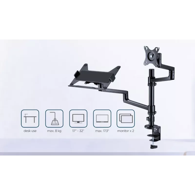 Gembird MA-DA-04 verstellbare Tischhalterung mit Monitorarm und Notebook-Ablage, 17–32 Zoll