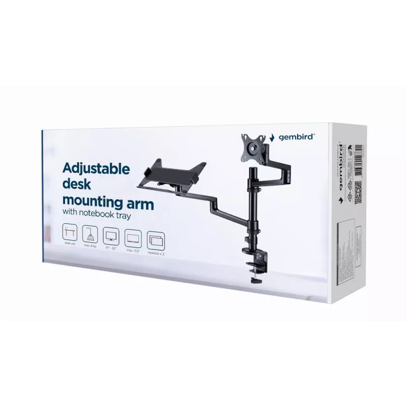 Gembird MA-DA-04 verstellbare Tischhalterung mit Monitorarm und Notebook-Ablage, 17–32 Zoll