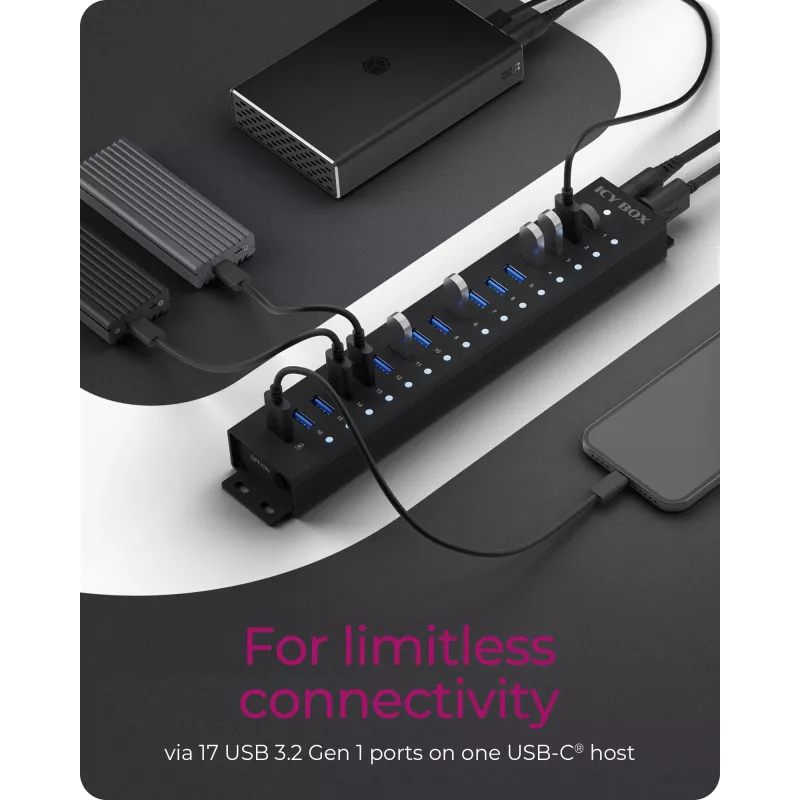 ICY BOX 17-Port Hub with USB 3.2 Gen 1 Type-A interface, USB 3.2 Gen 1 (3.1 Gen 1) Type-A, USB 3.2 Gen 1 (3.1 Gen 1) Type-A, USB Type-B, 5000 Mbit/s, Schwarz, China, DC