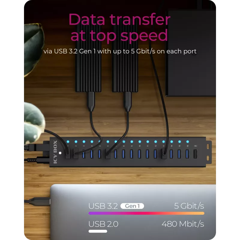 ICY BOX 17-Port Hub with USB 3.2 Gen 1 Type-A interface, USB 3.2 Gen 1 (3.1 Gen 1) Type-A, USB 3.2 Gen 1 (3.1 Gen 1) Type-A, USB Type-B, 5000 Mbit/s, Schwarz, China, DC