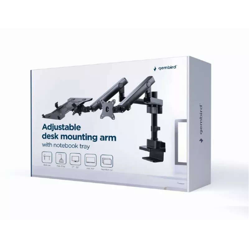 GEMBIRD Verstellbarer Monitorarm für Tischmontage mit Notebook-Ablage (Vollbeweglich)