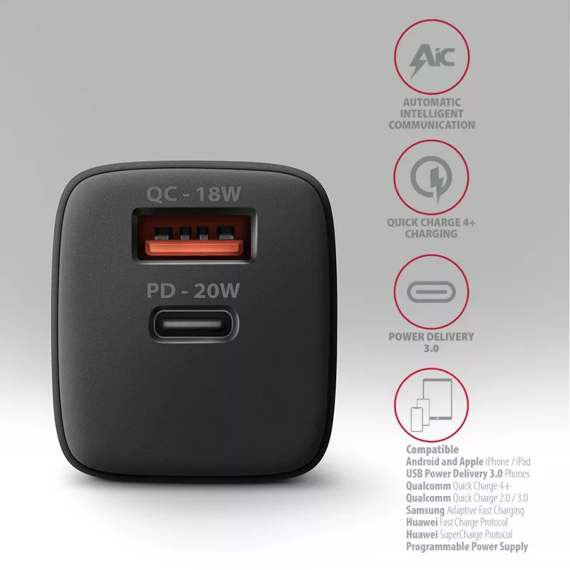Wandladegerät Axagon ACU-PQ20 QC3.0 PD Type-C 20W Schwarz