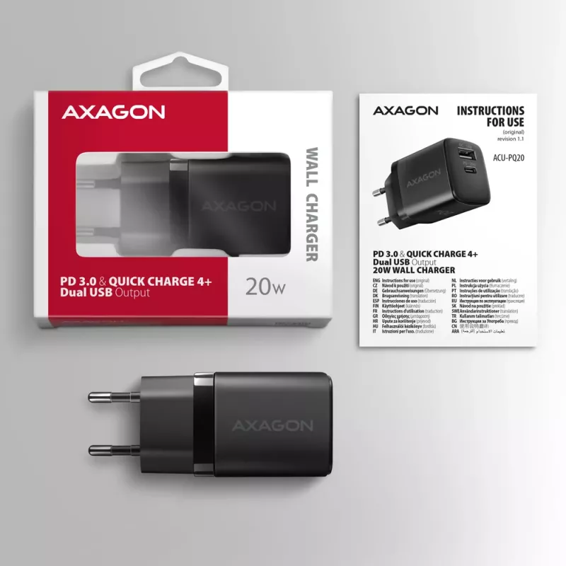 Wandladegerät Axagon ACU-PQ20 QC3.0 PD Type-C 20W Schwarz