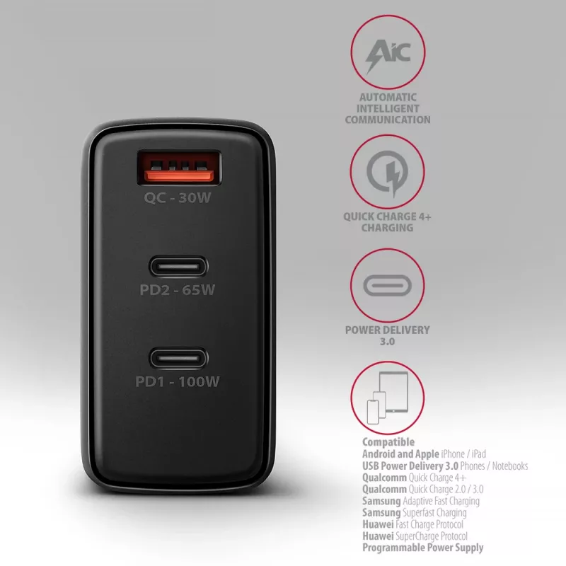 Axagon ACU-DPQ100 PD3.0 & QC 4+ THREE OUTPUTS Wandladegerät 100W