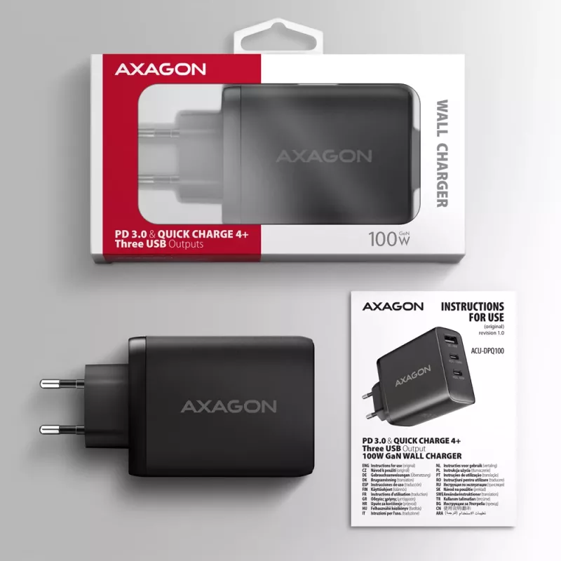 Axagon ACU-DPQ100 PD3.0 & QC 4+ THREE OUTPUTS Wandladegerät 100W