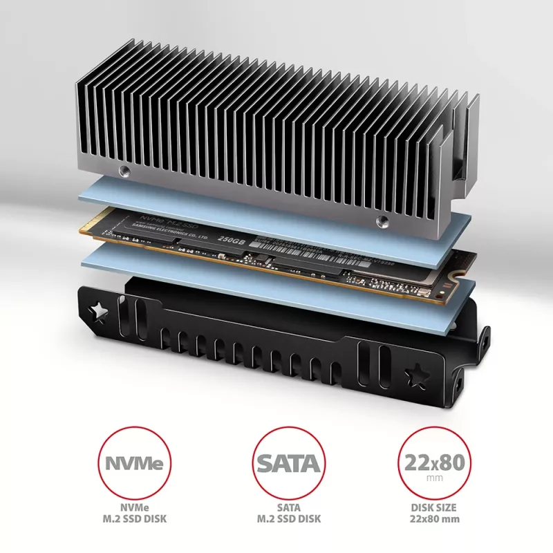 Axagon CLR-M2XT passiver Aluminiumkühler für ein- und doppelseitige M.2 SSDs Größe 2280, Höhe 24 mm
