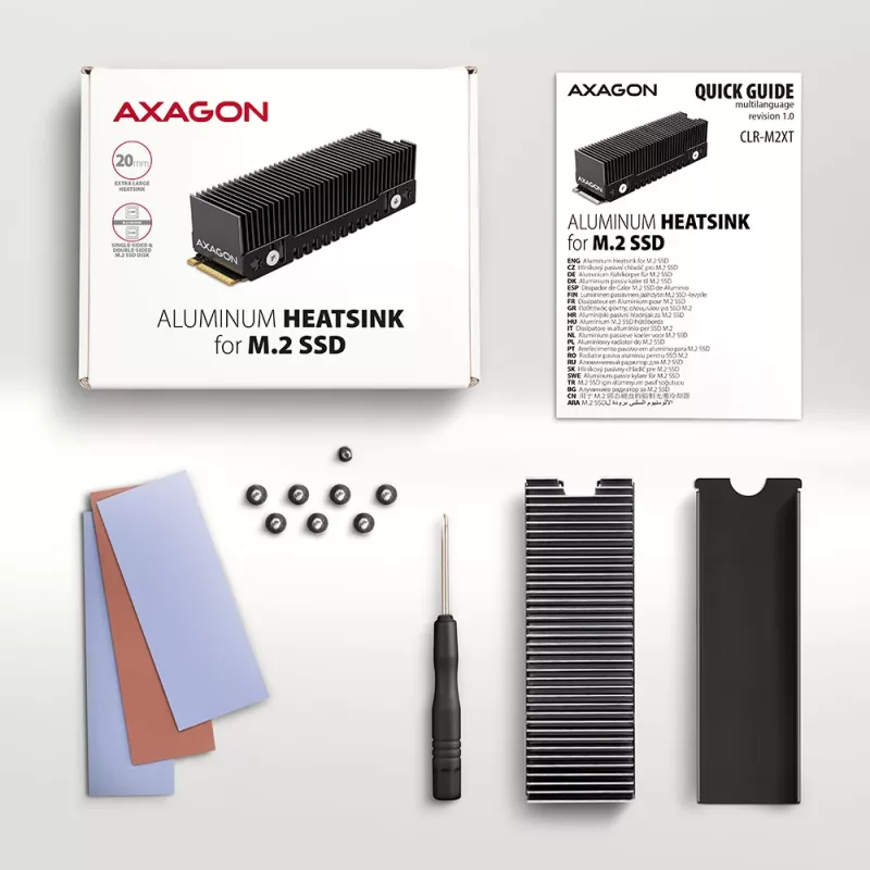 Axagon CLR-M2XT passiver Aluminiumkühler für ein- und doppelseitige M.2 SSDs Größe 2280, Höhe 24 mm