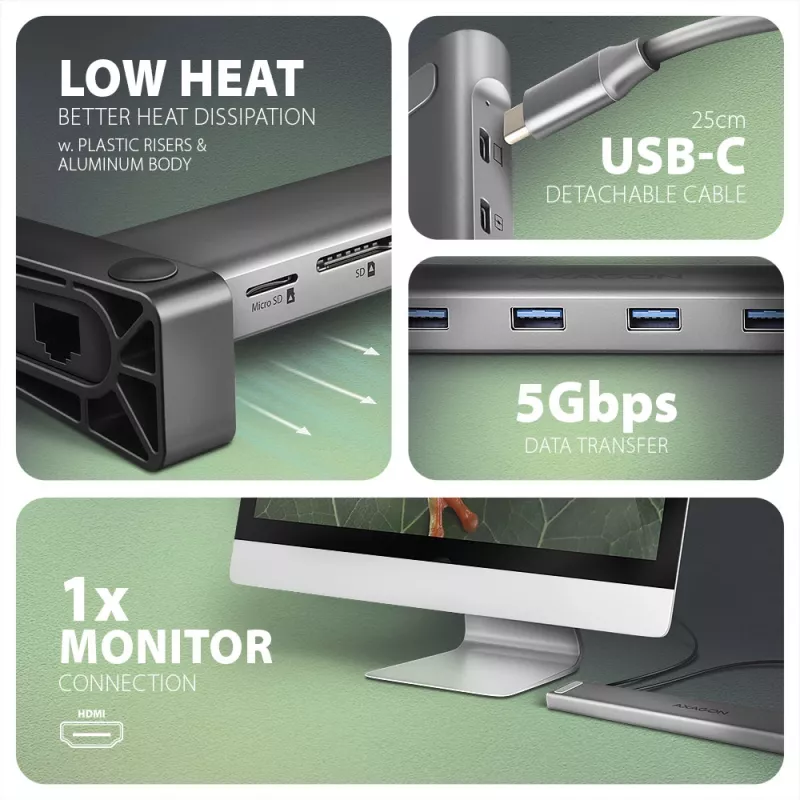 Axagon HMC-10HLS, USB 5Gbps Hub, 4x USB-A, HDMI 4k/60Hz, RJ-45, SD/microSD, PD 100W