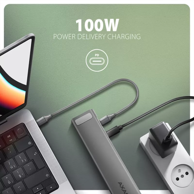 Axagon HMC-10HLS, USB 5Gbps Hub, 4x USB-A, HDMI 4k/60Hz, RJ-45, SD/microSD, PD 100W
