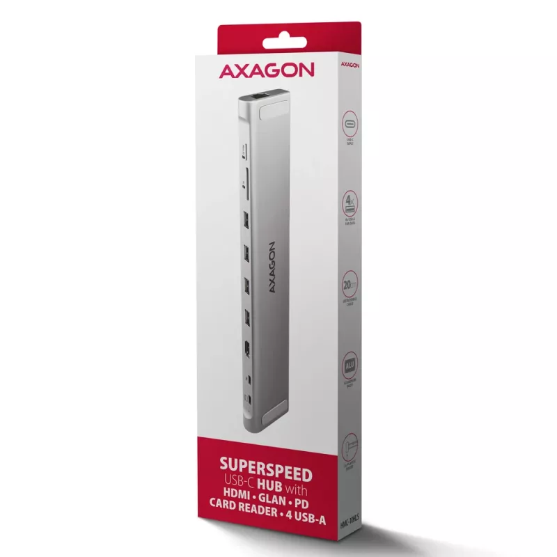 Axagon HMC-10HLS, USB 5Gbps Hub, 4x USB-A, HDMI 4k/60Hz, RJ-45, SD/microSD, PD 100W