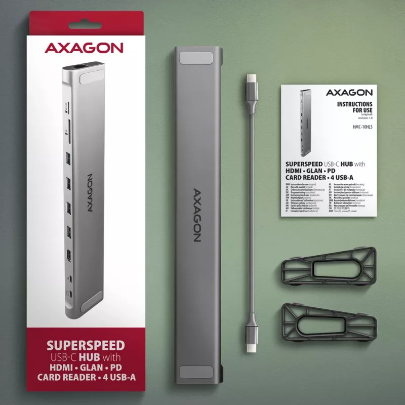 Axagon HMC-10HLS, USB 5Gbps Hub, 4x USB-A, HDMI 4k/60Hz, RJ-45, SD/microSD, PD 100W