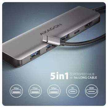 Axagon HMC-5H USB 5Gbps Hub, 3x USB-A, HDMI 4K/30Hz, PD 100W, 100cm USB-C-Kabel
