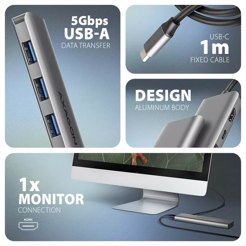 Axagon HMC-5H USB 5Gbps Hub, 3x USB-A, HDMI 4K/30Hz, PD 100W, 100cm USB-C-Kabel