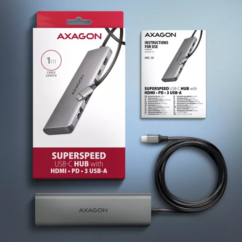 Axagon HMC-5H USB 5Gbps Hub, 3x USB-A, HDMI 4K/30Hz, PD 100W, 100cm USB-C-Kabel