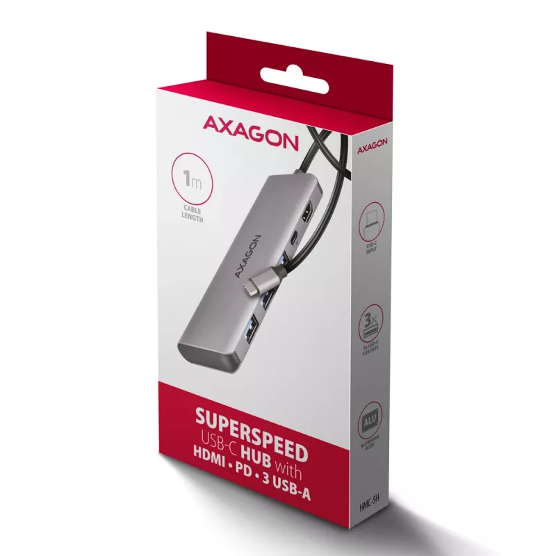 Axagon HMC-5H USB 5Gbps Hub, 3x USB-A, HDMI 4K/30Hz, PD 100W, 100cm USB-C-Kabel