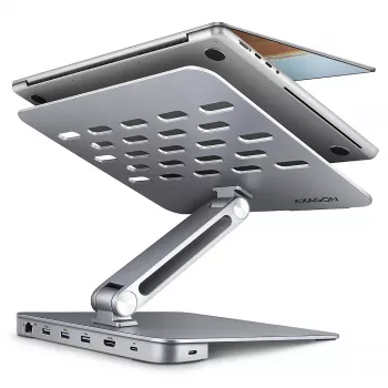 Axagon HMC-STND Multi-Port USB-C 5Gbit/s Hub und Aluminiumständer für Laptops. HDMI 4K/60Hz, GLAN, PD und 3 USB-A Anschlüsse. USB-C Kabel 60 cm.