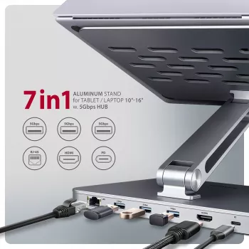 Axagon HMC-STND Multi-Port USB-C 5Gbit/s Hub und Aluminiumständer für Laptops. HDMI 4K/60Hz, GLAN, PD und 3 USB-A Anschlüsse. USB-C Kabel 60 cm.