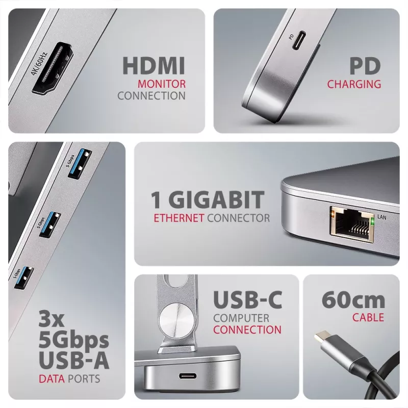 Axagon HMC-STND Multi-Port USB-C 5Gbit/s Hub und Aluminiumständer für Laptops. HDMI 4K/60Hz, GLAN, PD und 3 USB-A Anschlüsse. USB-C Kabel 60 cm.