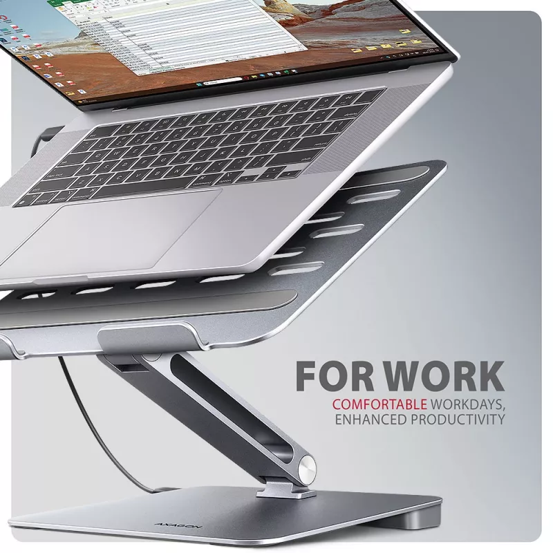 Axagon HMC-STND Multi-Port USB-C 5Gbit/s Hub und Aluminiumständer für Laptops. HDMI 4K/60Hz, GLAN, PD und 3 USB-A Anschlüsse. USB-C Kabel 60 cm.