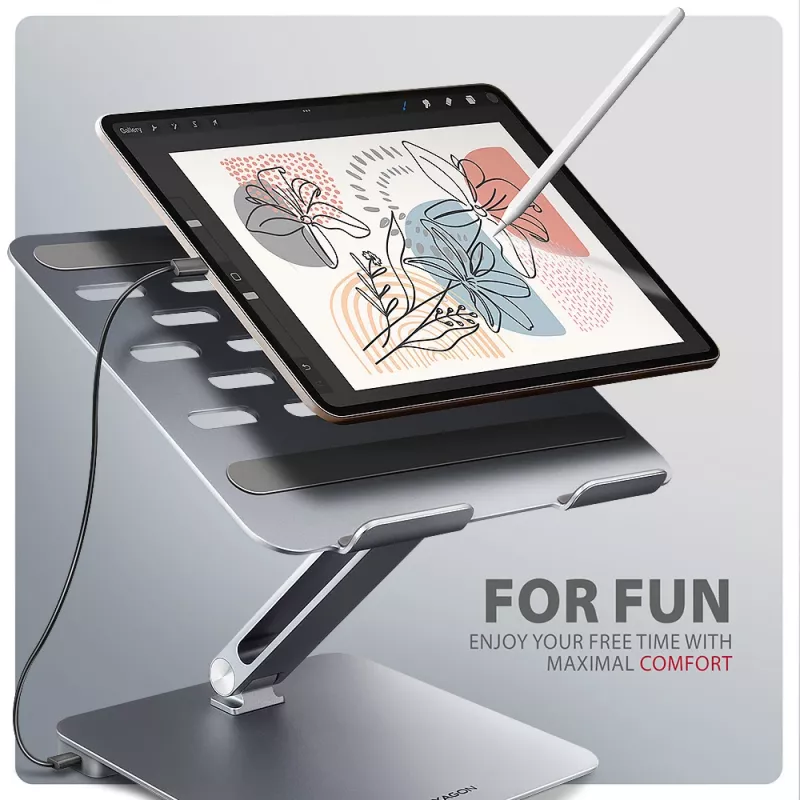 Axagon HMC-STND Multi-Port USB-C 5Gbit/s Hub und Aluminiumständer für Laptops. HDMI 4K/60Hz, GLAN, PD und 3 USB-A Anschlüsse. USB-C Kabel 60 cm.