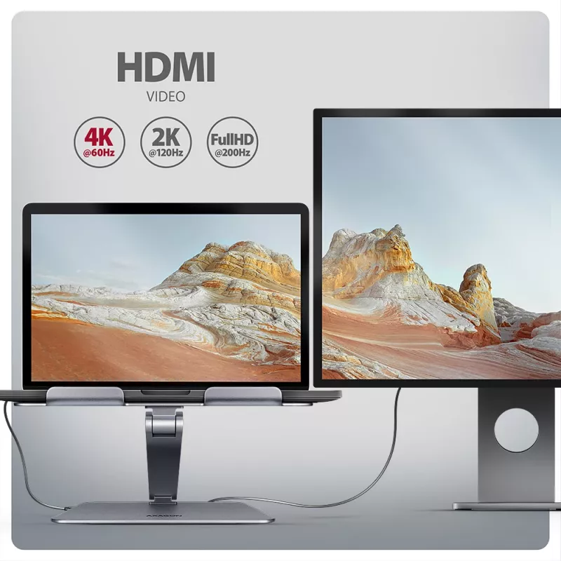 Axagon HMC-STND Multi-Port USB-C 5Gbit/s Hub und Aluminiumständer für Laptops. HDMI 4K/60Hz, GLAN, PD und 3 USB-A Anschlüsse. USB-C Kabel 60 cm.