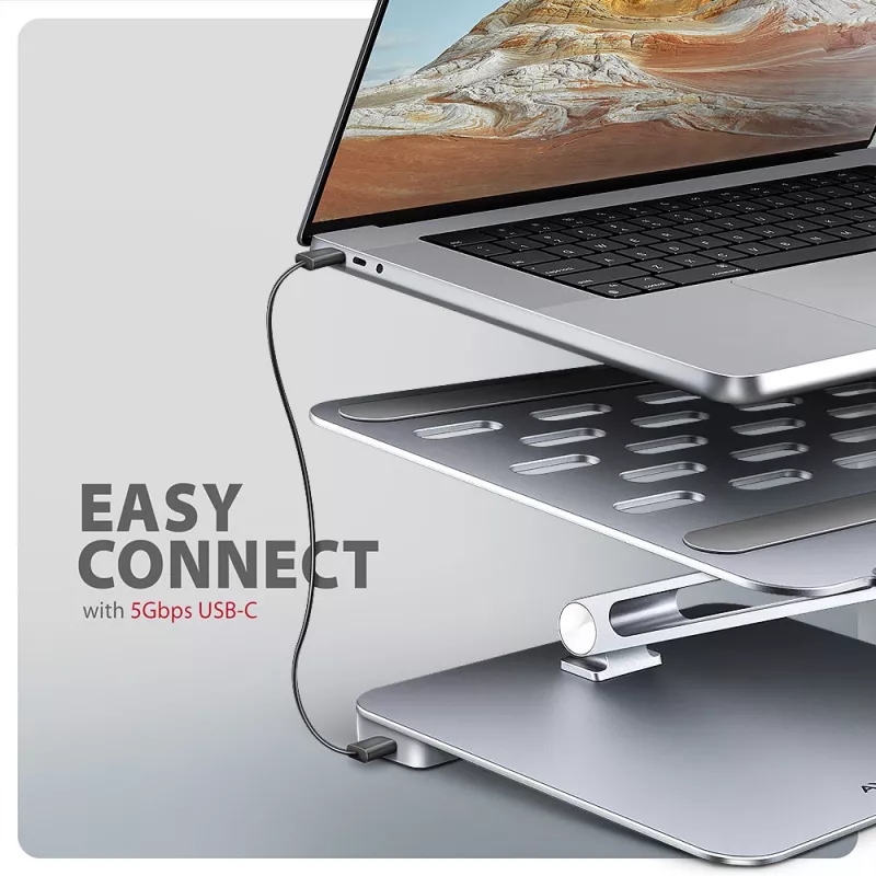 Axagon HMC-STND Multi-Port USB-C 5Gbit/s Hub und Aluminiumständer für Laptops. HDMI 4K/60Hz, GLAN, PD und 3 USB-A Anschlüsse. USB-C Kabel 60 cm.
