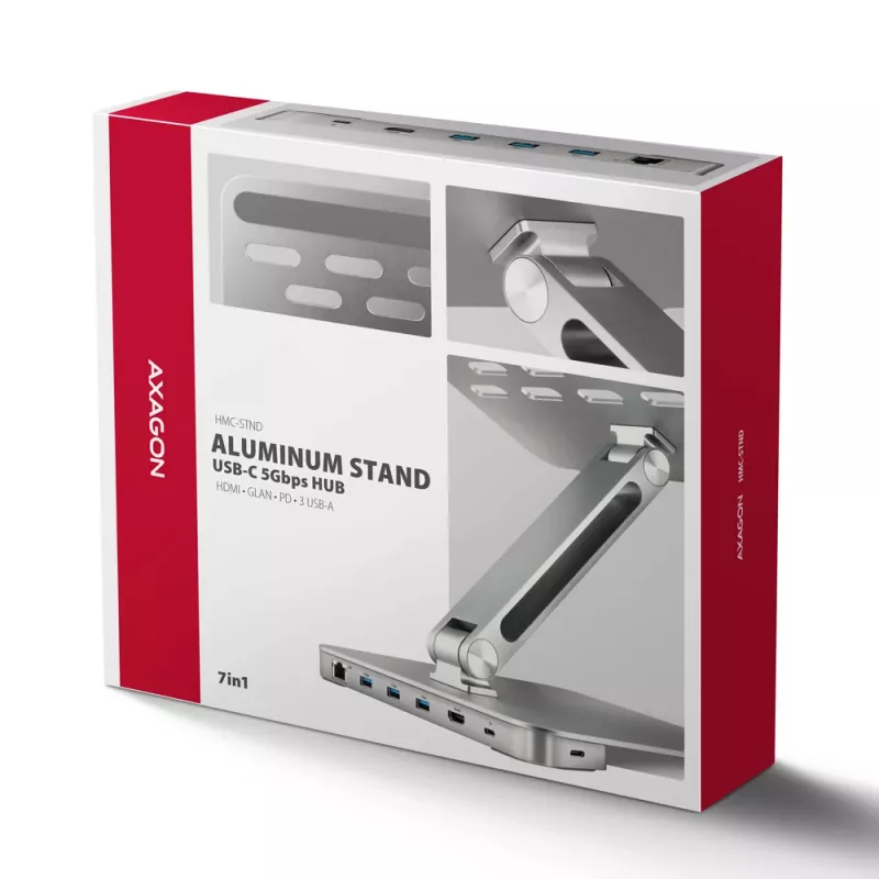 Axagon HMC-STND Multi-Port USB-C 5Gbit/s Hub und Aluminiumständer für Laptops. HDMI 4K/60Hz, GLAN, PD und 3 USB-A Anschlüsse. USB-C Kabel 60 cm.