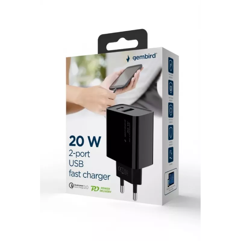 GEMBIRD USB-Schnellladegerät – 2 Ports Typ A & C, 20 W – Schwarz