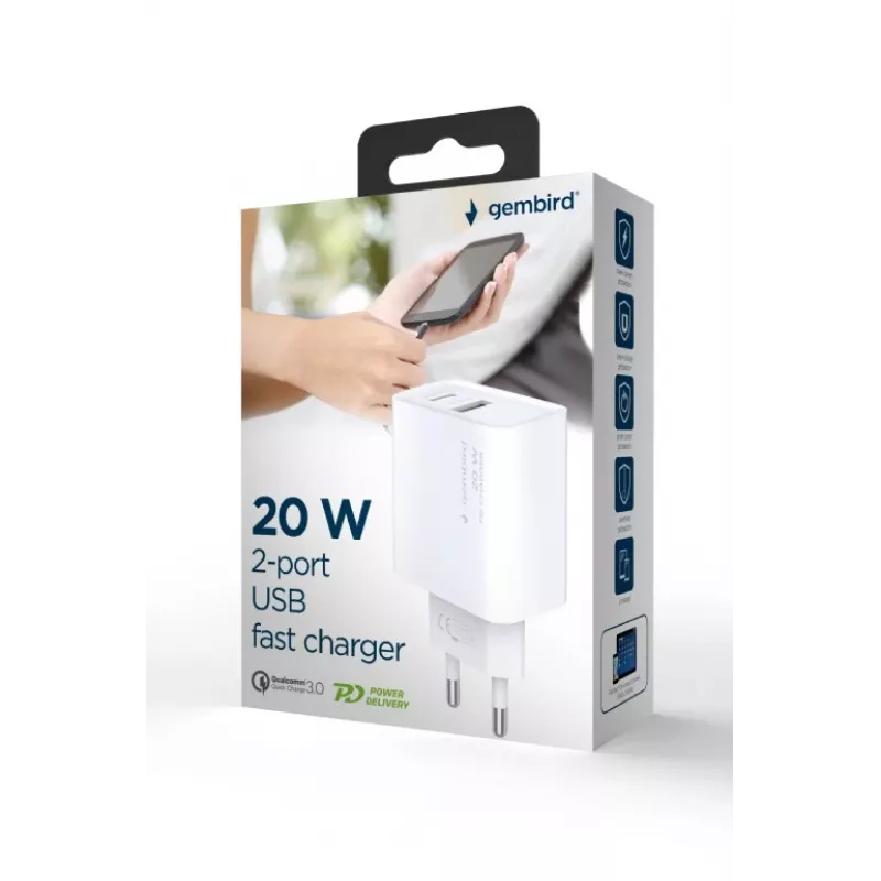 GEMBIRD USB-Schnellladegerät – Typ A & C 2-Port 20 W – Weiß