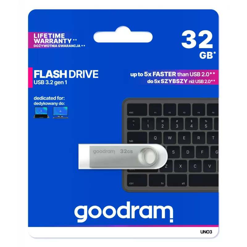 USB-Flash-Laufwerk GOODRAM UNO3-0320S0R11 32 GB, USB Typ-A, USB 3.2 Gen 1, Metall, kappenlos, silber