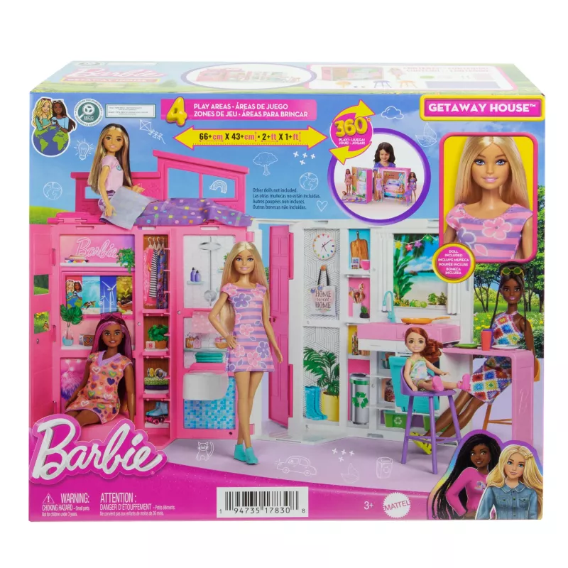 Barbie Getaway Puppenhaus mit Puppe, 4 Spielbereichen und 11 Dekozubehörteilen