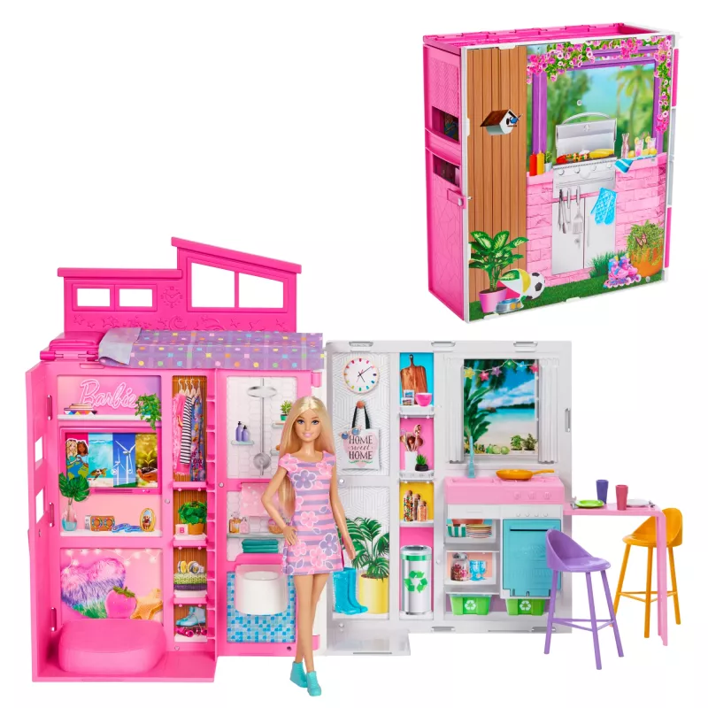 Barbie Getaway Puppenhaus mit Puppe, 4 Spielbereichen und 11 Dekozubehörteilen
