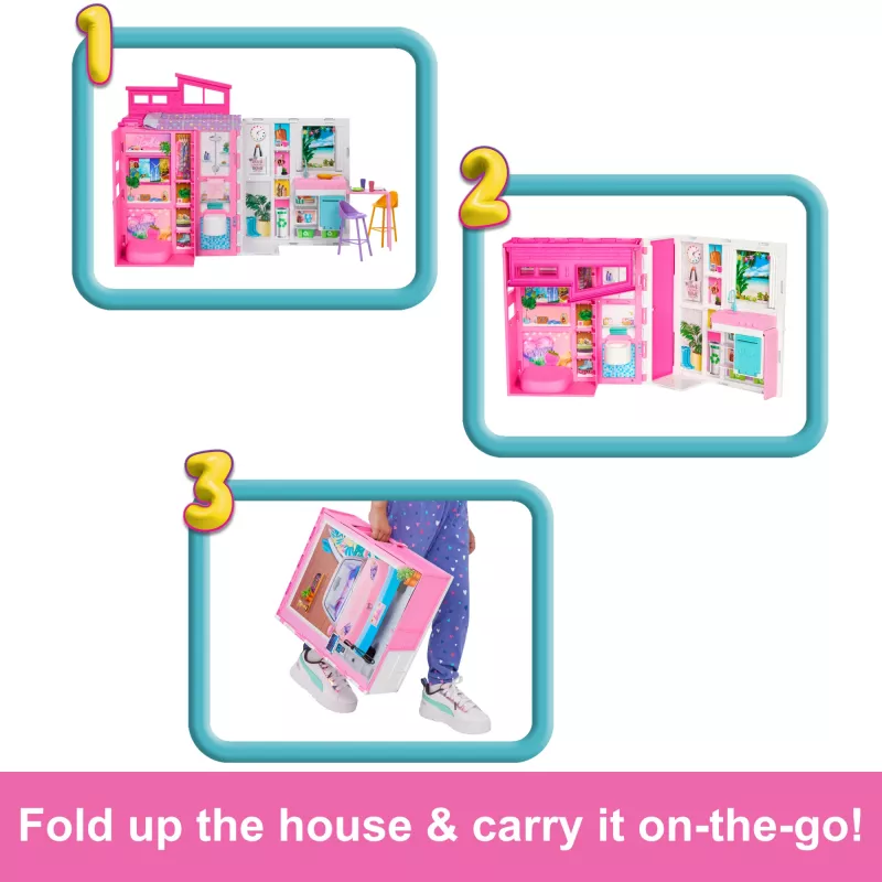 Barbie Getaway Puppenhaus mit Puppe, 4 Spielbereichen und 11 Dekozubehörteilen