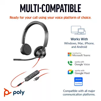 HP Poly Schwarzwire 3325 Stereo USB-C Headset +3.5mm Plug +USB-C/A Adapter
