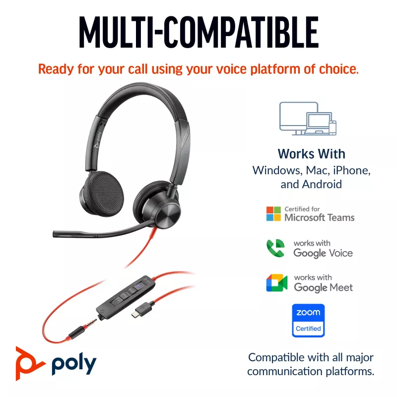 HP Poly Schwarzwire 3325 Stereo USB-C Headset +3.5mm Plug +USB-C/A Adapter