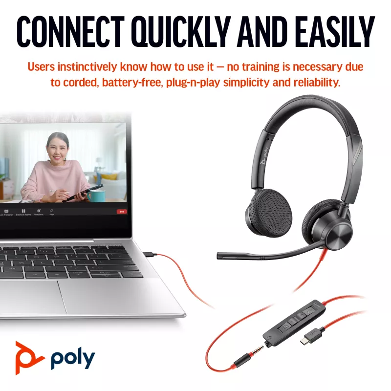 HP Poly Schwarzwire 3325 Stereo USB-C Headset +3.5mm Plug +USB-C/A Adapter