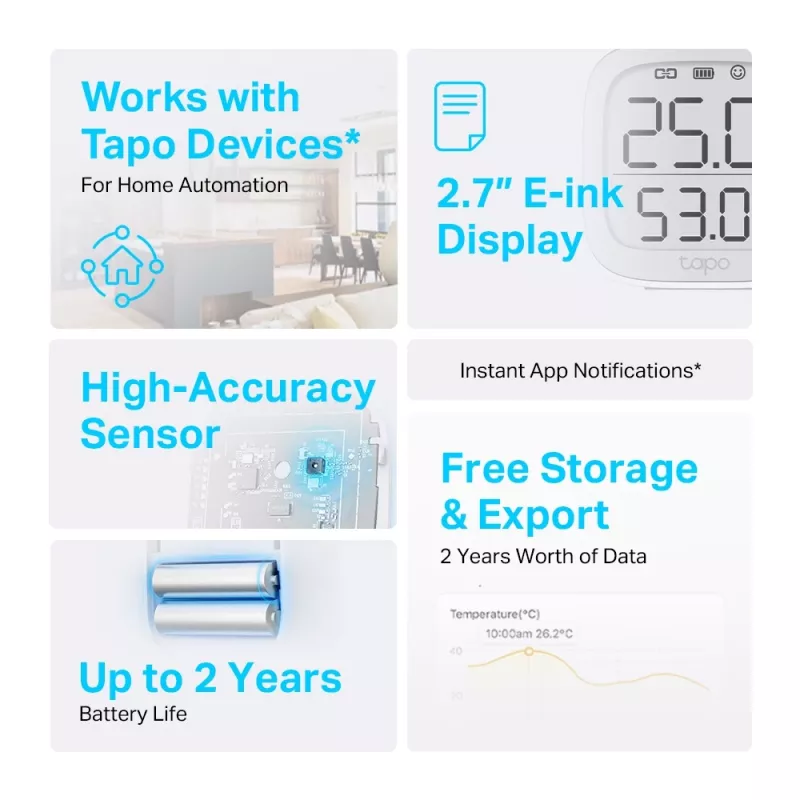 TP-Link Tapo Smart Temperatur- & Luftfeuchtigkeitsmonitor, Innenbereich, Temperatur- & Luftfeuchtigkeitssensor, freistehend, kabellos, -20 - 60 °C, 0 - 99%