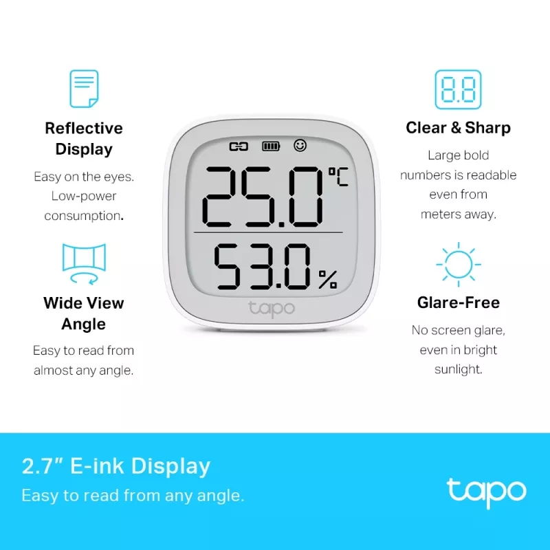 TP-Link Tapo Smart Temperatur- & Luftfeuchtigkeitsmonitor, Innenbereich, Temperatur- & Luftfeuchtigkeitssensor, freistehend, kabellos, -20 - 60 °C, 0 - 99%