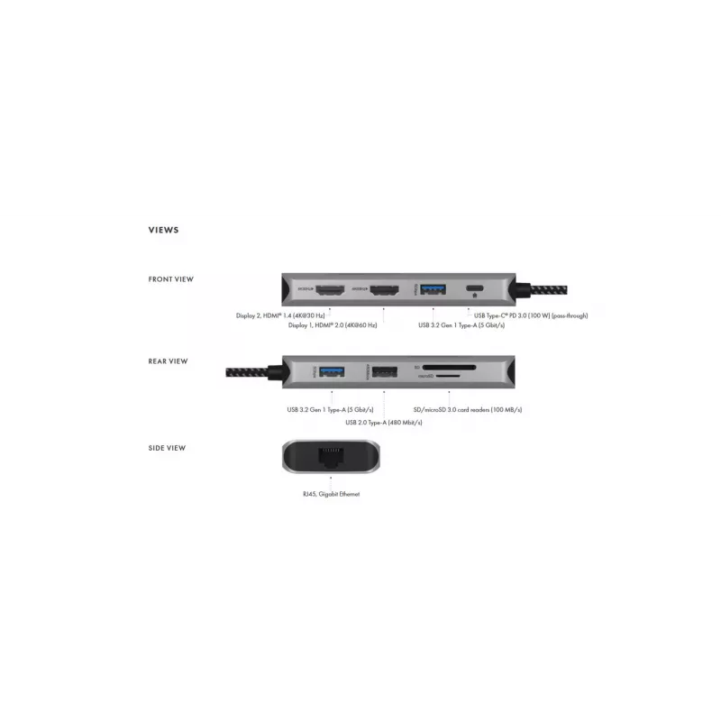 ICY BOX IB-DK4012-CPD Kabelgebunden USB 3.2 Gen 1 (3.1 Gen 1) Type-C Anthrazit, Schwarz