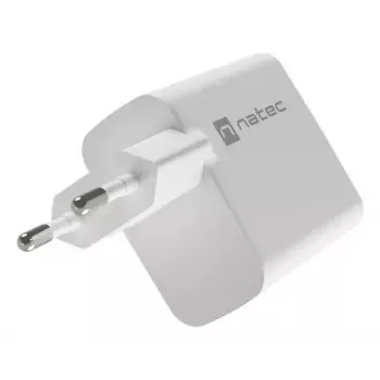 NATEC kabelgebundenes AC-Ladegerät für Mobilgeräte NUC-2142, USB-C PD 3.0 + USB-A, 5–20 V bis 3 A, 45 W, weiß