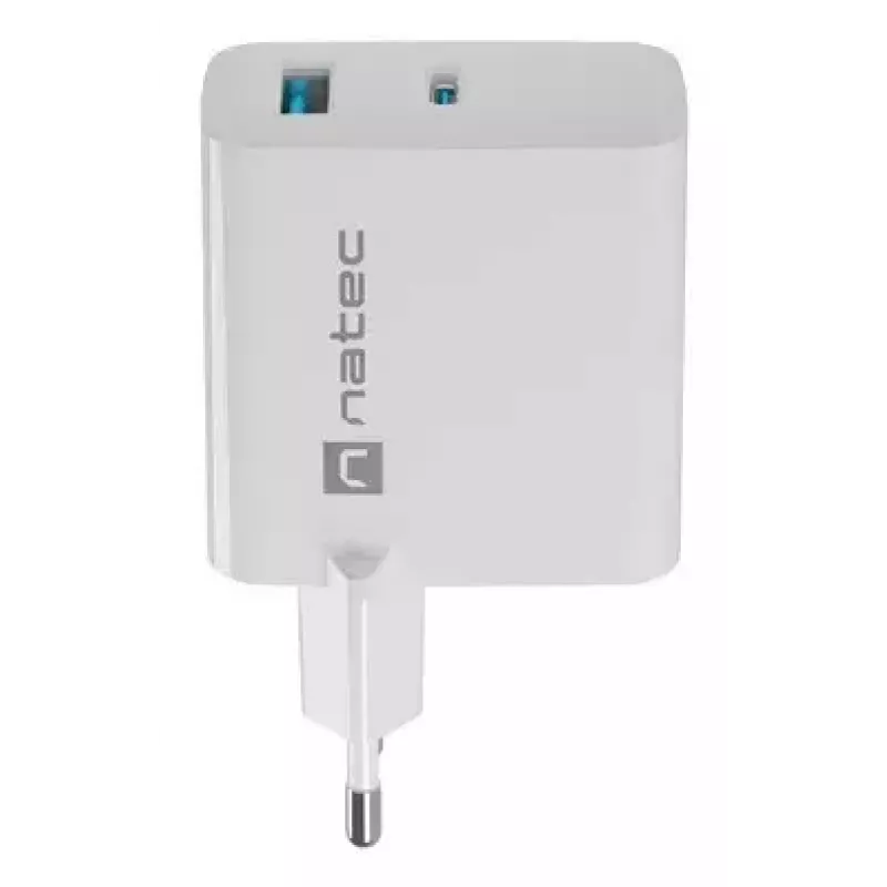NATEC kabelgebundenes AC-Ladegerät für Mobilgeräte NUC-2142, USB-C PD 3.0 + USB-A, 5–20 V bis 3 A, 45 W, weiß
