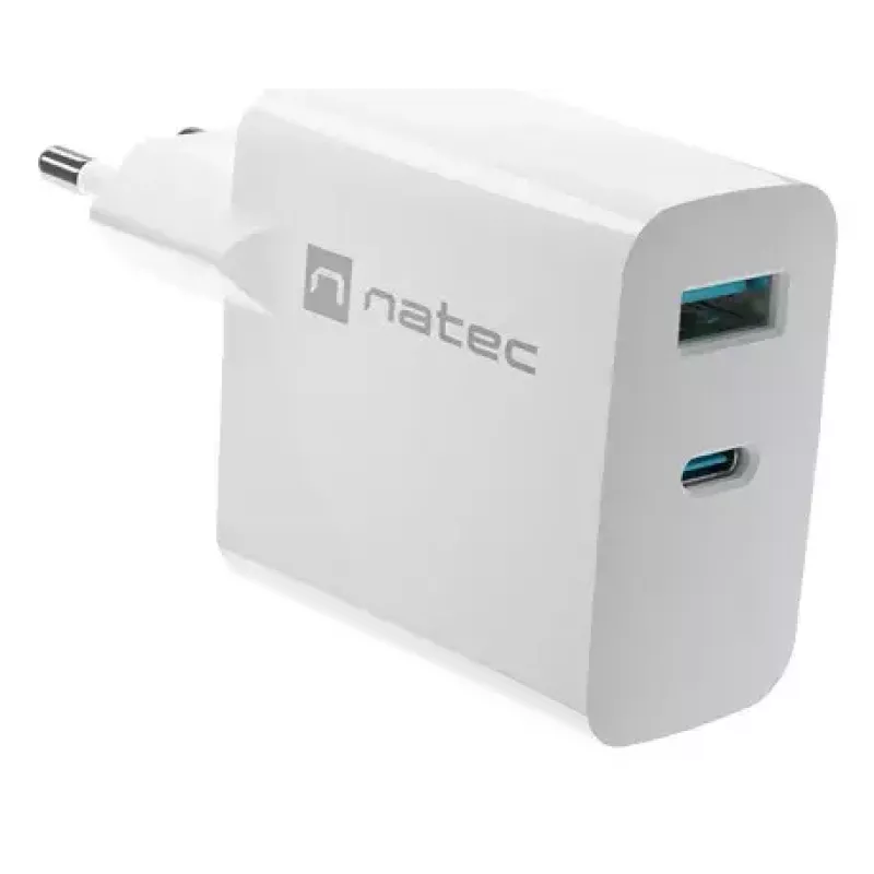 NATEC kabelgebundenes AC-Ladegerät für Mobilgeräte NUC-2142, USB-C PD 3.0 + USB-A, 5–20 V bis 3 A, 45 W, weiß