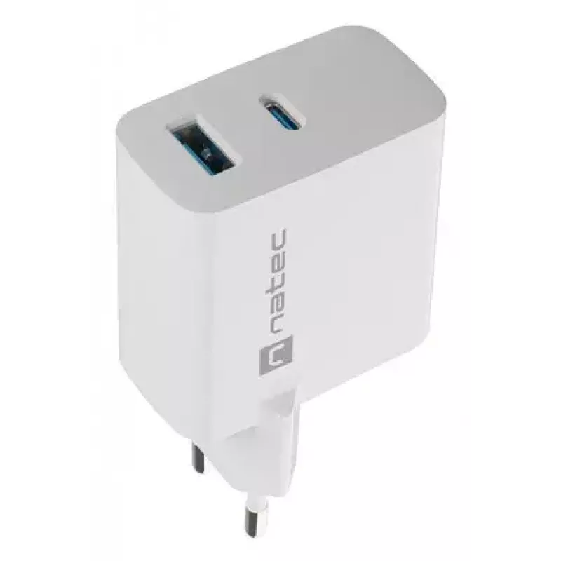 NATEC kabelgebundenes AC-Ladegerät für Mobilgeräte NUC-2142, USB-C PD 3.0 + USB-A, 5–20 V bis 3 A, 45 W, weiß