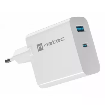 NATEC kabelgebundenes AC-Ladegerät für Mobilgeräte NUC-2142, USB-C PD 3.0 + USB-A, 5–20 V bis 3 A, 45 W, weiß