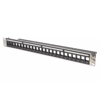 DIGITUS Modular Patch Panel, geschirmt 24-Port, unbestückt, 1U, Rackmontage, Farbe Schwarz transparente Beschriftungsfelder