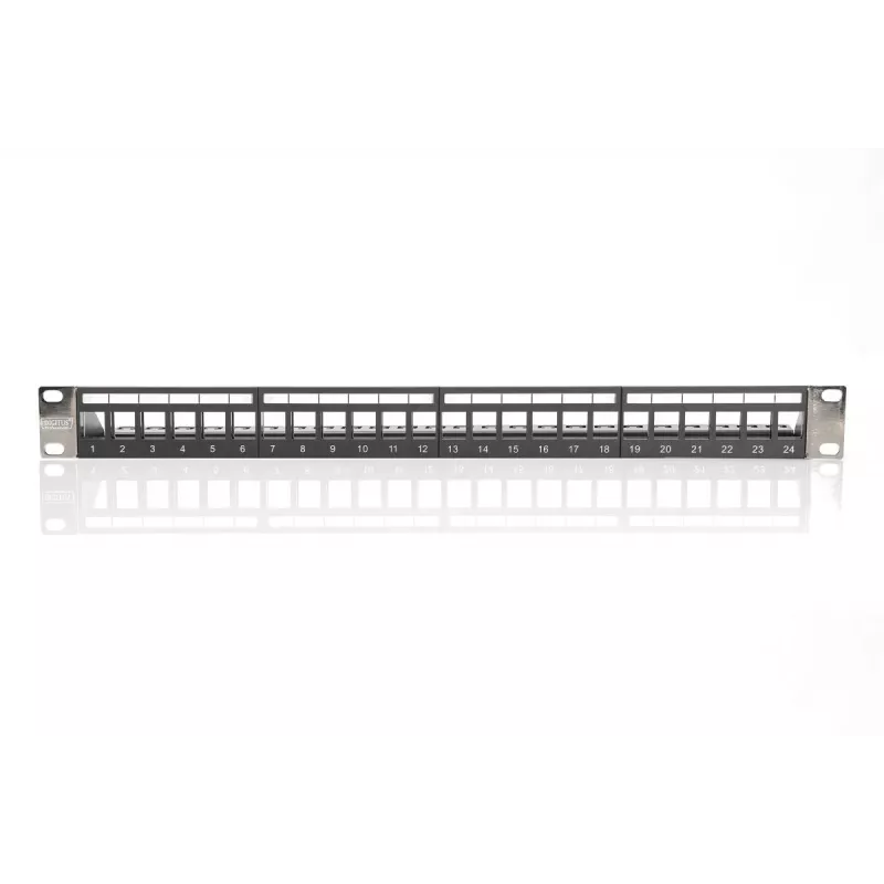 DIGITUS Modular Patch Panel, geschirmt 24-Port, unbestückt, 1U, Rackmontage, Farbe Schwarz transparente Beschriftungsfelder