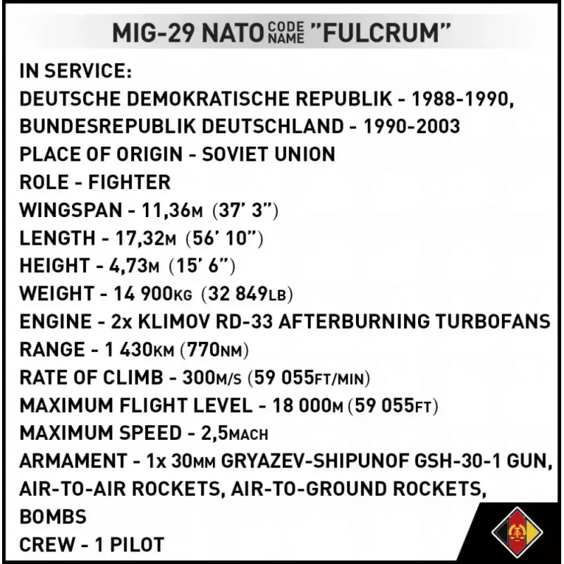 Konstruktionsspielzeug Cobi MiG-29 Ostdeutschland 5851 — 300-teiliges Set